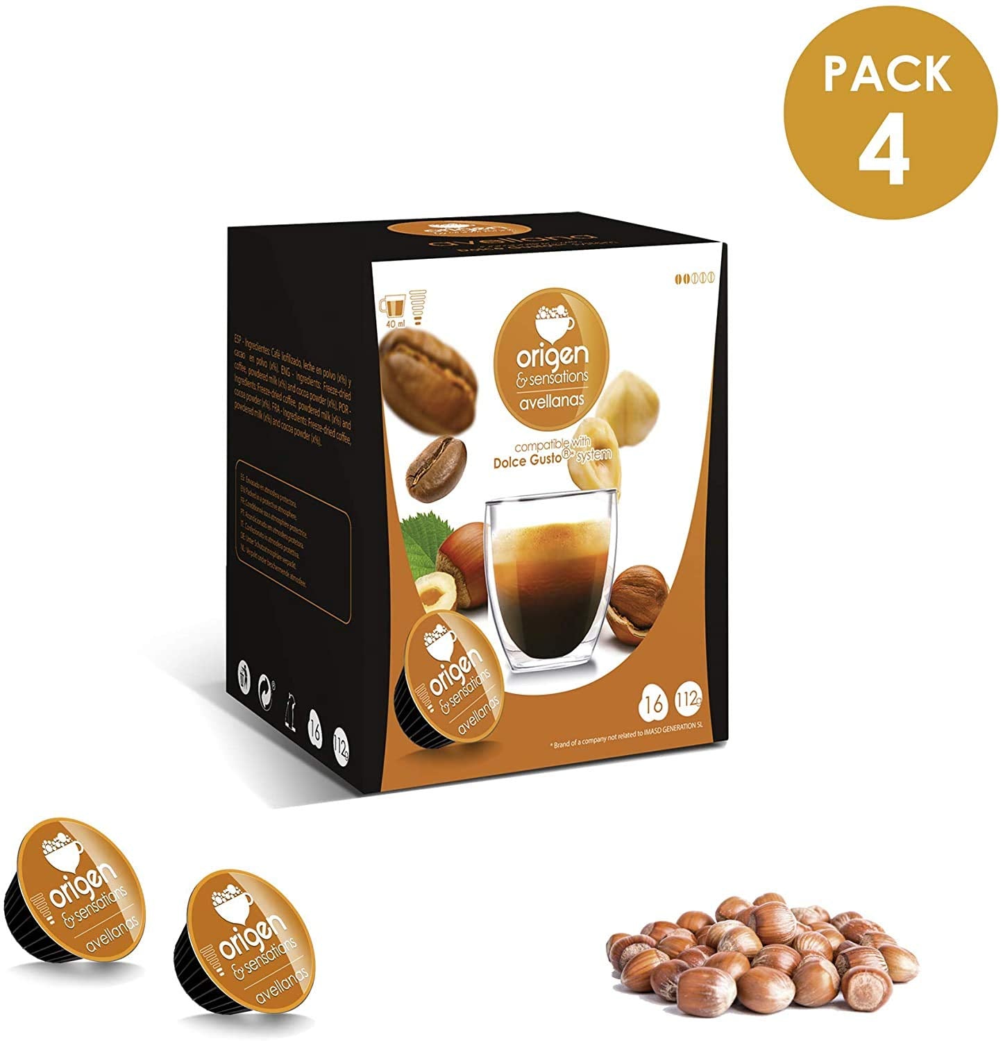 Dolce Gusto Compatible Coffee pods | Hazelnut Coffee Capsules for Dolce Gusto Machine | 4 Packs x 16 pods | Total 64 Capsules, 64 Servings